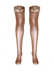 1 Pair Women's Sexy Thigh High Socks, Floral Lace Silicone Non-Slip Glossy Stockings, Suitable For Nightclub, Party, Comfortable And Warm - Coffee Brown - View 7