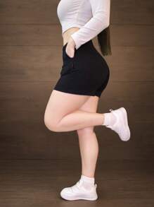 Women's Casual Shorts With Elastic High-Waist Pleats - 黑色 - 查看 2