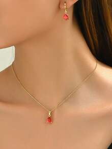 1 Set Fashion Cubic Teardrop Pendant & Copper Hoop Earrings Suit, Suitable As Daily Wear Or Gift For Women