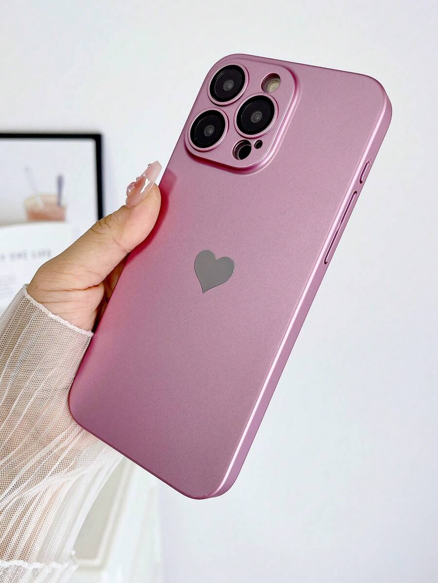 粉色皮革心形图案 0.8mm 超薄 PC 喷漆油浅粉色穿孔防尘镜头保护手机壳，适用于 17 系列，春季礼物 - 粉色 - 查看 1