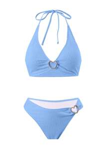 女士温泉浴肩带比基尼套装，夏季新品 - 水鴨藍 - 查看 2