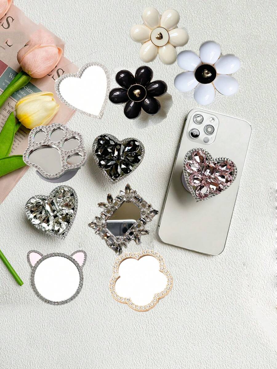 1pc Luxury Rhinestone Heart Mobile Phone Stand, Extendable And Portable For Stable Hands-Free Viewing During Movie And Drama Binge-Watching Compatible With IPhone, Android Phone, Gift For Birthday, Family, Friends Push-Pull Phone Grip, Phone Holder, Phone Accessories - Multicolor - View 1