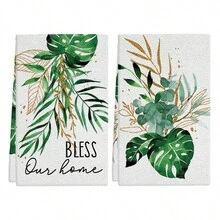 2入組北歐風格綠葉和植物印花碗布，柔軟吸收力強的家庭清潔布，多用途微纖維廚房毛巾，適合日常廚房裝飾 - 彩色 - 查看 7