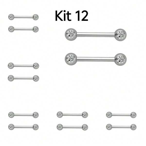 Kit 12 Piercing Mamilo de Aço inoxidável com 2 pedra zircônia