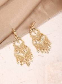 1 par de aretes de aleación exquisitos con borlas ahuecadas, largos aretes colgantes nupciales marroquíes, joyería de oreja de estilo vintage francés para mujeres argelinas, accesorios esenciales para fiestas y festivales