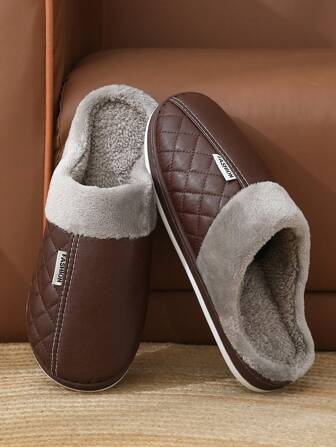 New PU Leather Waterproof Home Slippers, Women & Men Autumn/Winter Couple Indoor/Outdoor Soft Bottom Plush Warm Slippers