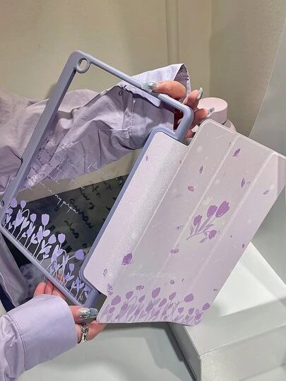 1 جهاز كمبيوتر شخصى غطاء حماية شفاف مزدوج الوجه مرسوم لوحة جميلة باللون الأرجواني للزهور والعشب مع وظيفة حماية السقوط ووظيفة السهوكة/ الاستيقاظ متوافق مع IPad / Huawei