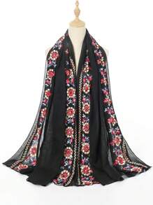 Boho Flower Embroidery Hijab Scarf Casual Outdoor Sunscreen Windproof Beach Towel