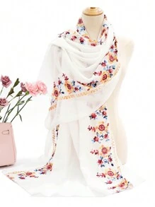 Boho Flower Embroidery Hijab Scarf Casual Outdoor Sunscreen Windproof Beach Towel