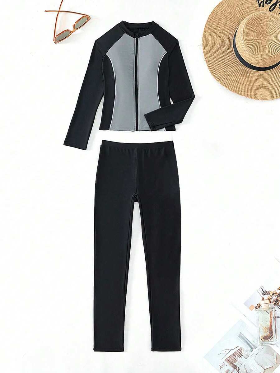 女士长袖长裤潜水服，两件套运动泳衣夏季 - 深灰色 - 查看 1