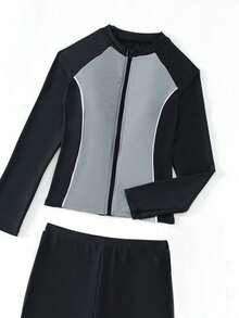 女士长袖长裤潜水服，两件套运动泳衣夏季 - 深灰色 - 查看 3