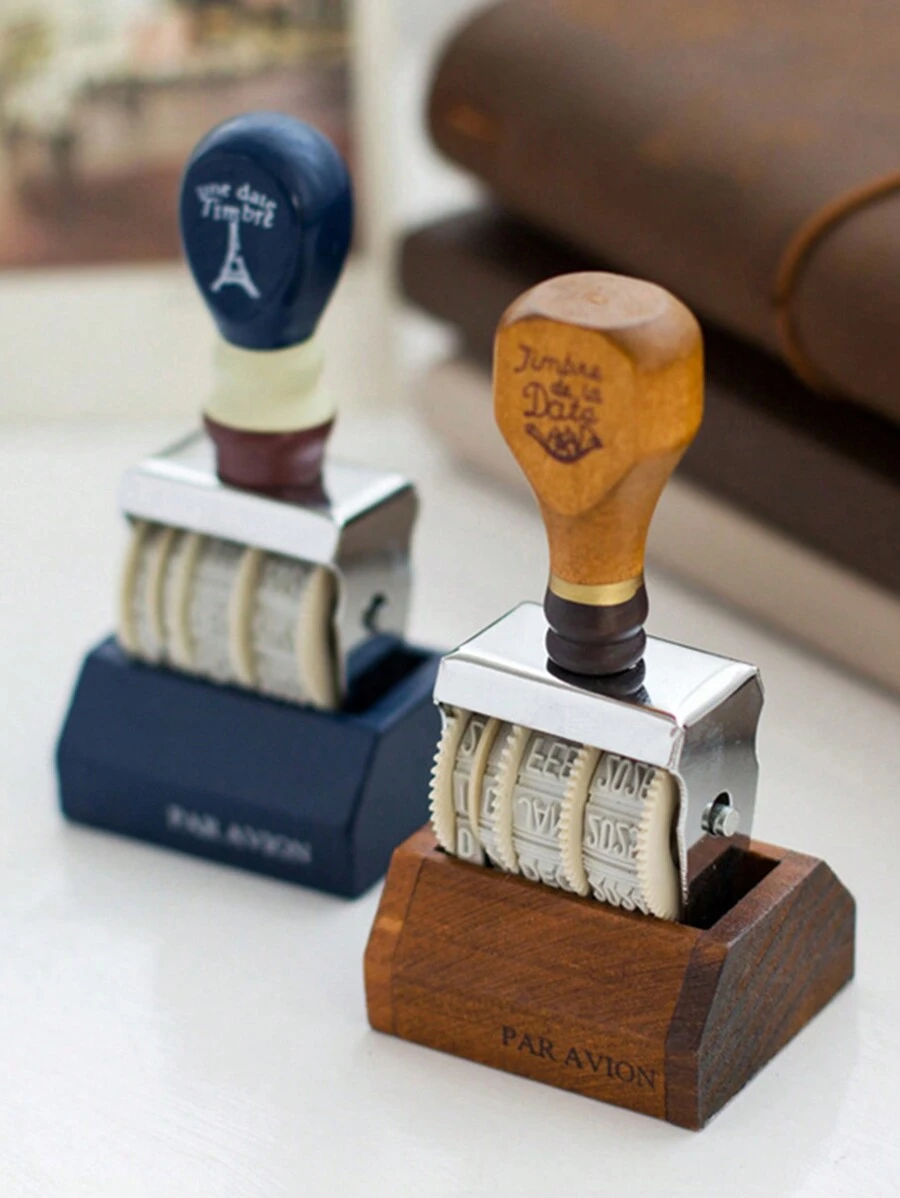 1pc Vintage Date Stamp, Wooden Roller Seal With Post Mark Effect, For Journaling - Multicolor - View 1