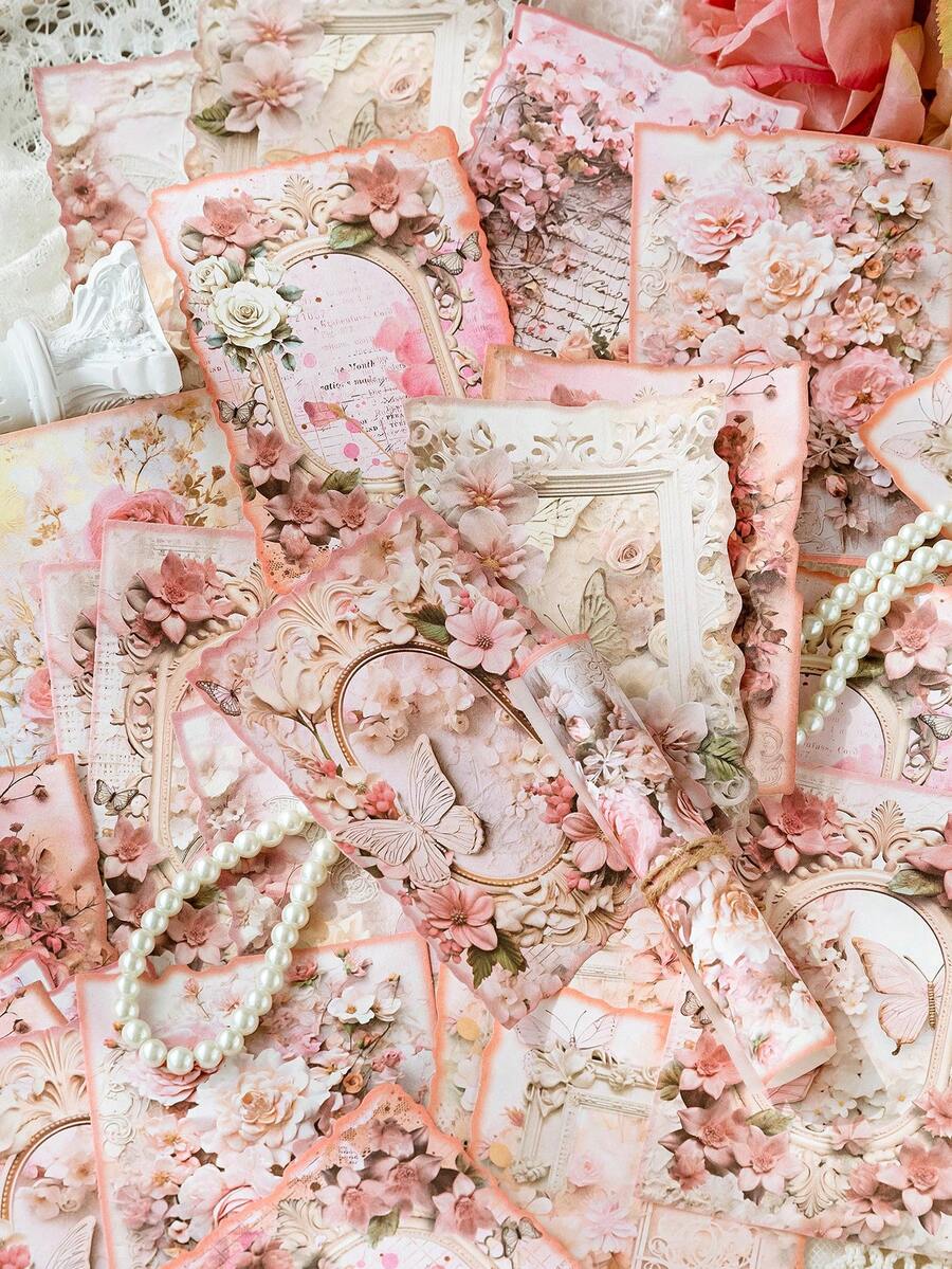 1包/30張復古花卉圖案材質裝飾紙，適用於剪貼簿、日誌、信封、賀卡和DIY項目 - 彩色 - 查看 1