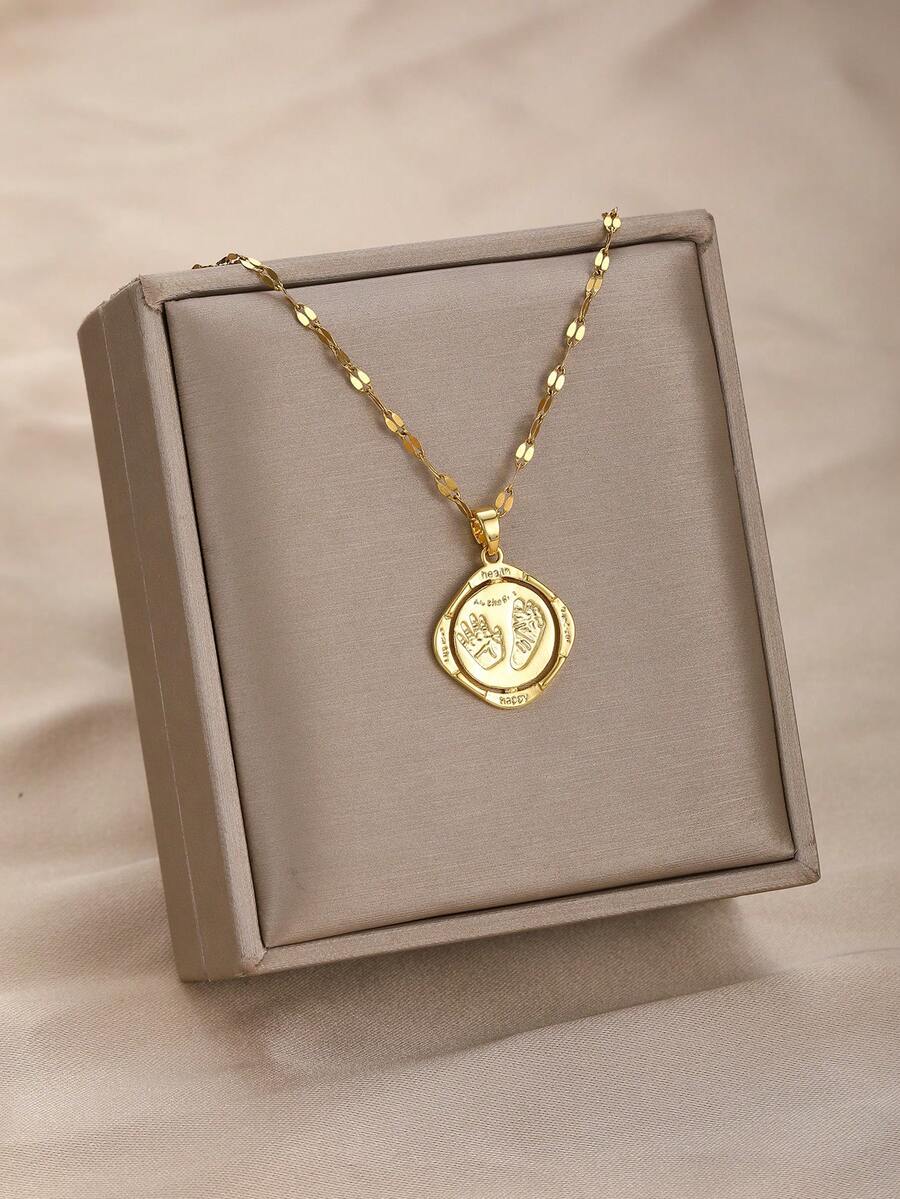 1pc Creative Personalized Fashion Hand & Foot Pattern Geometric Pendant Stainless Steel Necklace For Baby & Mom Festival Gift For Daily Wear - Yellow Gold - View 1