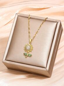1pc Beautiful Fashionable Sparkling Copper & Cubic Zirconia Sunflower Pendant Necklace With Stainless Steel Chain Suitable For Girls Gracious Luxury Banquet Accessory For Daily Decoration Fine Jewelry Back To School - Yellow Gold - View 3