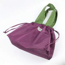 Portable Foldable Shopping Bag With Drawstring Closure For Outdoor Travel, Reusable Tote Bag For Grocery Shopping, And Storage - Burgundy - View 6