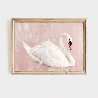 1pc Framed/Unframed Vintage Pink & White Swan Art Print Poster, Minimalist Style Wall Art Canvas, Suitable For Bedroom, Girl's Room, Dorm Decor, Ideal Gift