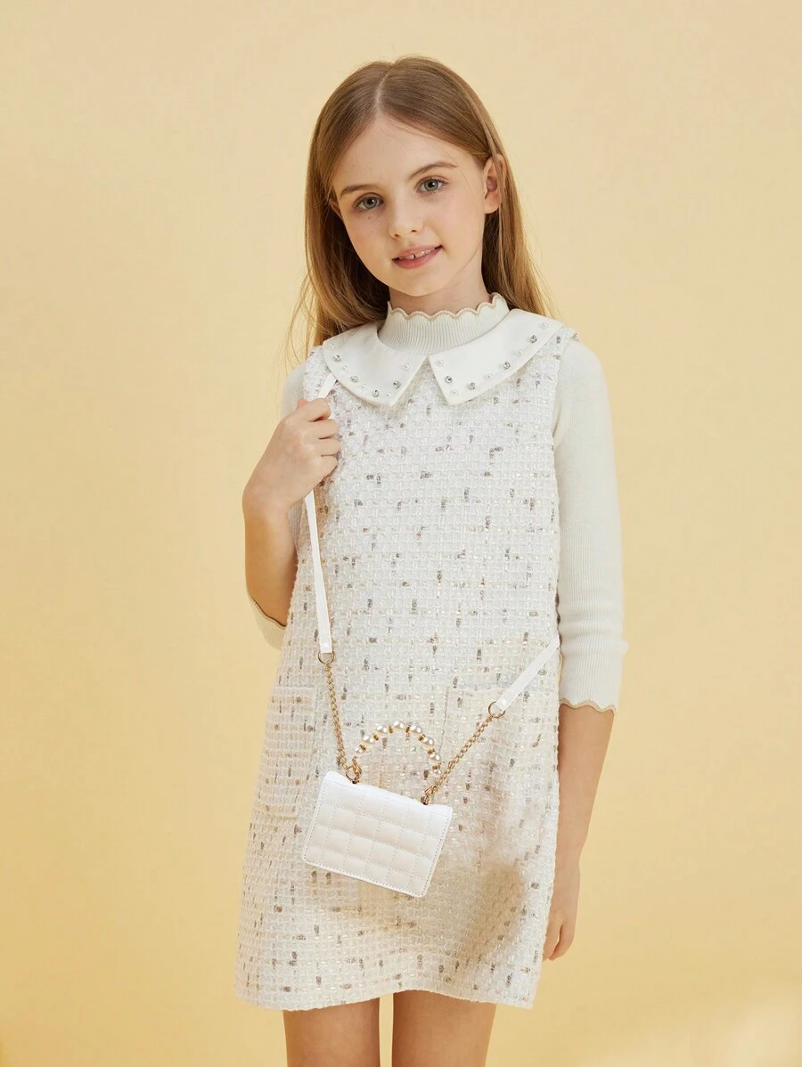 1pc Girls Pearl Quilted Mini Handbag Shoulder Bag, Suitable For Matching Clothes - White - View 1