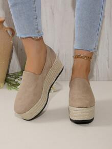 Women's Round Toe Spring/Summer Plus Size Wedge Heel Platform Slip-On Casual Outdoor Shoes, Linen Rope Sole Suede High Heels 35-43 Size Spring/Autumn Wedge Platform Shoes (Size Runs Small, Please Order One Size Up.) - Khaki - View 4