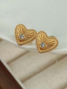 1 Pair 18K Gold Plated Waterproof & Fade-Resistant Cute Heart-Shaped Diamond Stud Earrings, Suitable For Women's Daily Wear - Heart-shaped - View 1