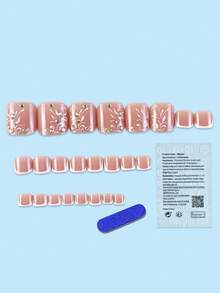 24pcs Short Square Pink Floral French Manicure Nail Wraps With Rhinestone Design, Full Toe Coverage, Suitable For Parties, Dances Or Daily Wear - Baby Pink - View 2