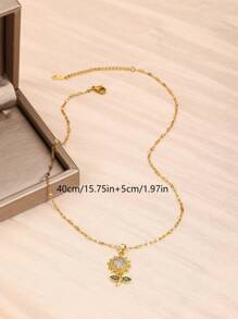 1pc Beautiful Fashionable Sparkling Copper & Cubic Zirconia Sunflower Pendant Necklace With Stainless Steel Chain Suitable For Girls Gracious Luxury Banquet Accessory For Daily Decoration Fine Jewelry Back To School - Yellow Gold - View 6
