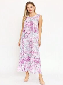 Tiered Tropical Sleeveless Leaves Floral  Maxi Long Woven Dress - 紫羅蘭色 - 查看 6
