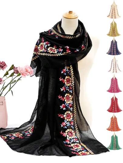 Boho花卉刺繡圍巾，休閒戶外防曬防風沙灘毛巾