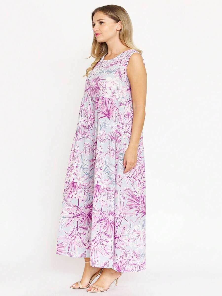 Tiered Tropical Sleeveless Leaves Floral  Maxi Long Woven Dress - 紫羅蘭色 - 查看 1
