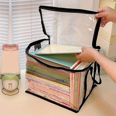 1pc Transparent Storage Bag, Foldable Book Storage Bag, Waterproof Multi-Purpose Organizer Bag, Large Capacity Transparent Tote Bag With Handles Back To School,Back To School,School Supplies