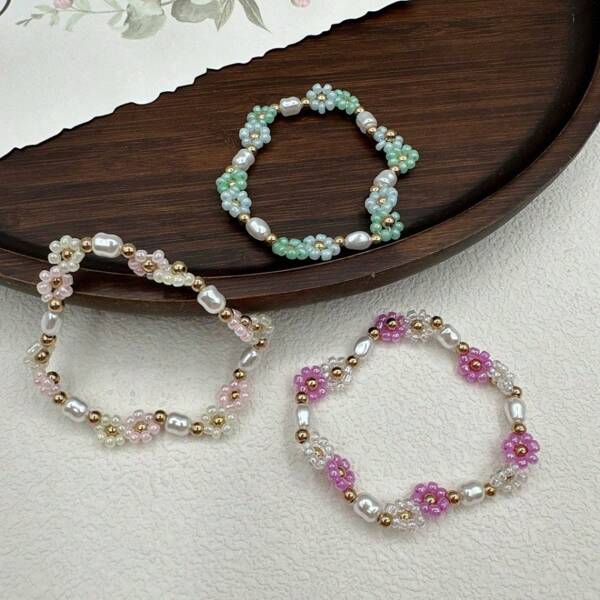 1 pièce Bracelet élastique fait main de fleurs et de perles, style d'été, design polyvalent et mignon pour les filles, accessoire parfait pour améliorer votre sens de la mode