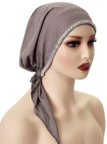 1 Stück Damen elastischer gestreifter Hijab Schal, Kopftuch mit modischer Kette & Strass Dekor, vielseitiger Casual Haartuch für den täglichen Gebrauch, elastisches Stoff Haarnetz, Sommer, Strand, Hut - Grauviolett - Übersicht 3