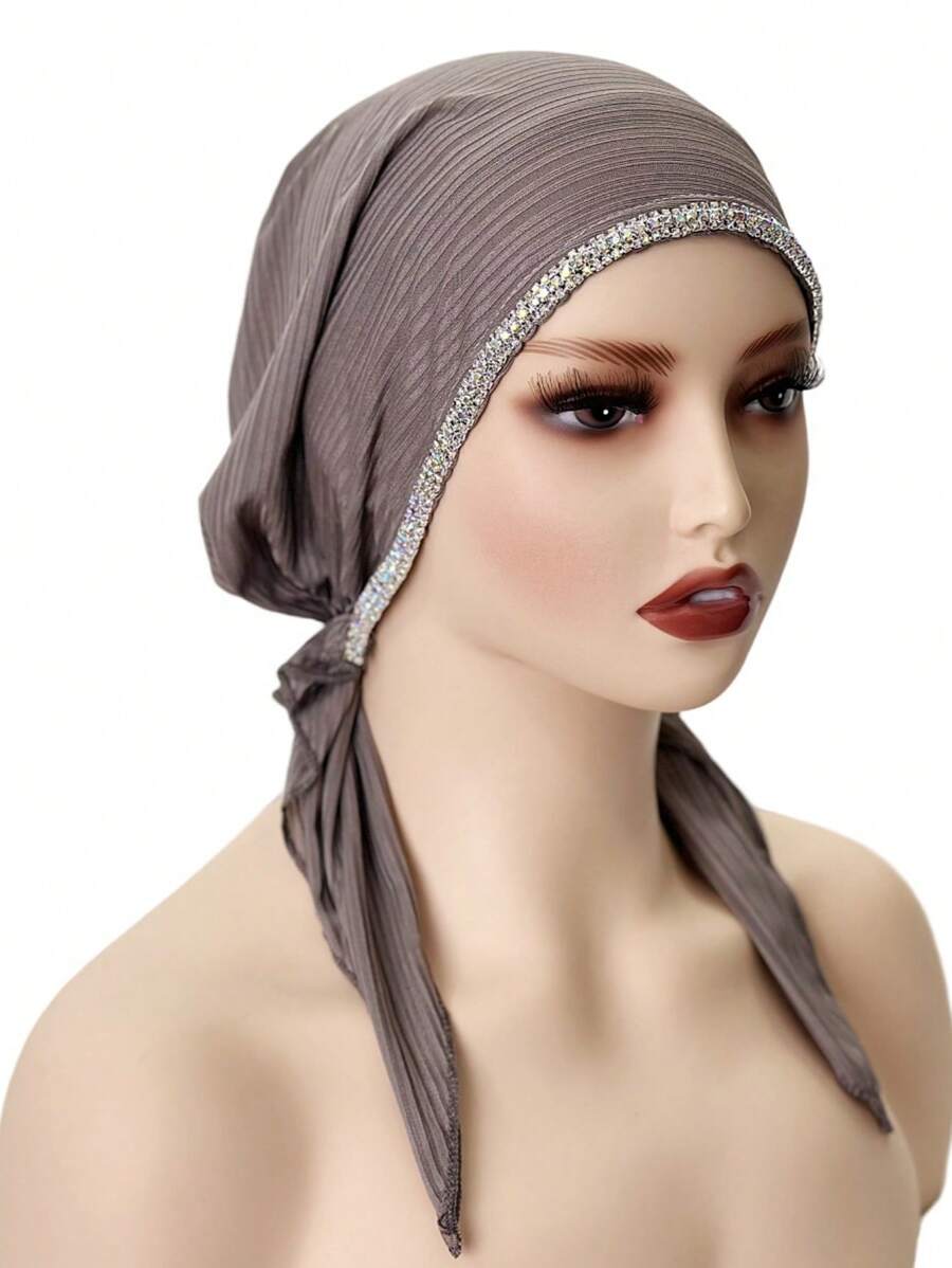 1 Stück Damen elastischer gestreifter Hijab Schal, Kopftuch mit modischer Kette & Strass Dekor, vielseitiger Casual Haartuch für den täglichen Gebrauch, elastisches Stoff Haarnetz, Sommer, Strand, Hut - Grauviolett - Übersicht 1