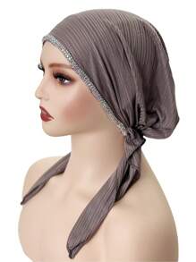1 Stück Damen elastischer gestreifter Hijab Schal, Kopftuch mit modischer Kette & Strass Dekor, vielseitiger Casual Haartuch für den täglichen Gebrauch, elastisches Stoff Haarnetz, Sommer, Strand, Hut - Grauviolett - Übersicht 5