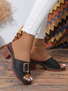 Ladies' Fashionable Metal Square Buckle Belt Design, Slip-Resistant, Breathable & Comfortable, Peep-Toe Wedge Heel Platform Sandals In Plus Size, Elegant Retro Style For Daily Wear, Work, Summer, Black Chunky Heel Slides