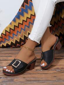 Ladies' Fashionable Metal Square Buckle Belt Design, Slip-Resistant, Breathable & Comfortable, Peep-Toe Wedge Heel Platform Sandals In Plus Size, Elegant Retro Style For Daily Wear, Work, Summer, Black Chunky Heel Slides