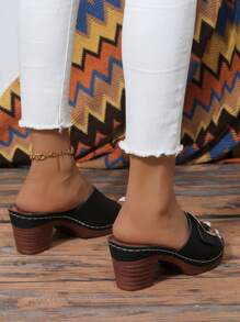 Ladies' Fashionable Metal Square Buckle Belt Design, Slip-Resistant, Breathable & Comfortable, Peep-Toe Wedge Heel Platform Sandals In Plus Size, Elegant Retro Style For Daily Wear, Work, Summer, Black Chunky Heel Slides