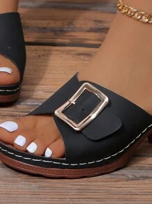 Ladies' Fashionable Metal Square Buckle Belt Design, Slip-Resistant, Breathable & Comfortable, Peep-Toe Wedge Heel Platform Sandals In Plus Size, Elegant Retro Style For Daily Wear, Work, Summer, Black Chunky Heel Slides