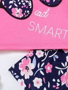 Young Girls' Shorts And Short Sleeve Glasses Flower Printed 2pcs Set, Suitable For 3-7Y - Pink - View 5