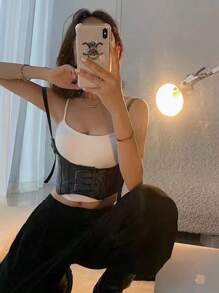 1 pieza Vestido de peto estilo vaquero occidental de corset negro para mujer con cinturón decorativo, chaleco de moda punk para mujer, accesorios de cinturón de corset de Halloween para damas para vestir estilo vaquero occidental, vaquera, país, vintage, cinturón negro