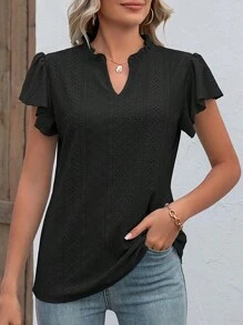 Women Summer Casual Tops V Neck Ruffle Short Sleeve Flowy Business T Shirts Dressy Cute Eyelet Printed Basic Tees Tunic Blouse - 黑色 - 查看 1