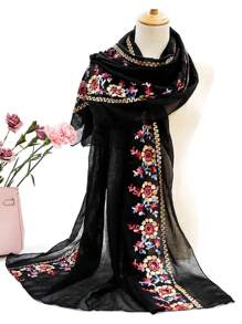 Boho Flower Embroidery Hijab Scarf Casual Outdoor Sunscreen Windproof Beach Towel