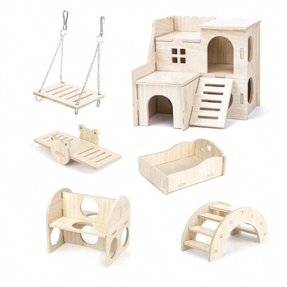 DIY倉鼠玩具 - 木製倉鼠屋和啃咬玩具附件套裝，適用於小倉鼠（如侏儒倉鼠、中華倉鼠）