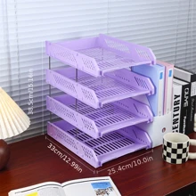 4-Tier Horizontal File Organizer Tray Document Holder Desk Storage Rack Categorizing Basket For Office Folders, Desk File Sorter, Space-Saving - Pink - View 2