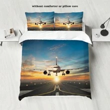 3-Piece Sunset Airplane Parking Down Duvet Cover Set (1 Set+2 Pillowcases, Coreless), Personalized Bedding Set, Soft, Warm, And Skin Friendly Down Duvet Cover, With Multiple Sizes To Meet Different Needs, Suitable For Boys, Girls, Adults, Teenagers, Couples, Bedrooms, Guest Rooms, King Size Beds, Small Beds, Single Beds - SJT226 - View 1