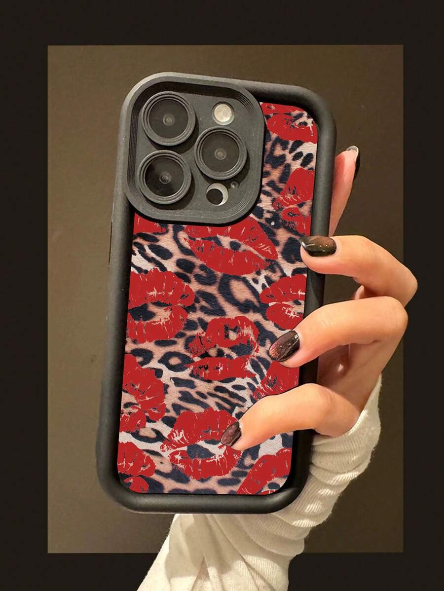 Brighten Up Your Phone With A Lipsticks & Leopard Pattern Simple Thickened Anti-Fall Phone Case Compatible With IPhoneCompatible With Galaxy - Black - View 1