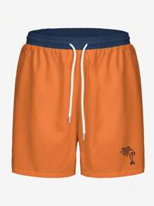 Men's Beach Shorts With Gradient Palm Tree Art 3D Graphic Print, Casual Daily Vacation Drawstring Waist Single Layer Swimwear