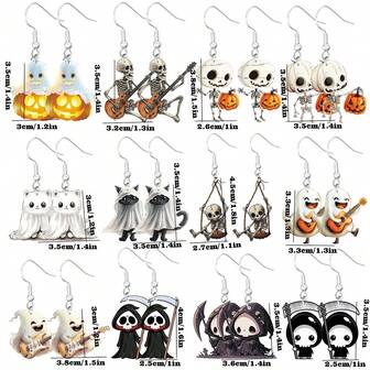 1pair Cute Halloween Ghost Earrings For Women, Acrylic Dangle Earrings With Fun And Personalized Mummy, Pumpkin, Cat, Skeleton, Reaper Designs, Party Gift