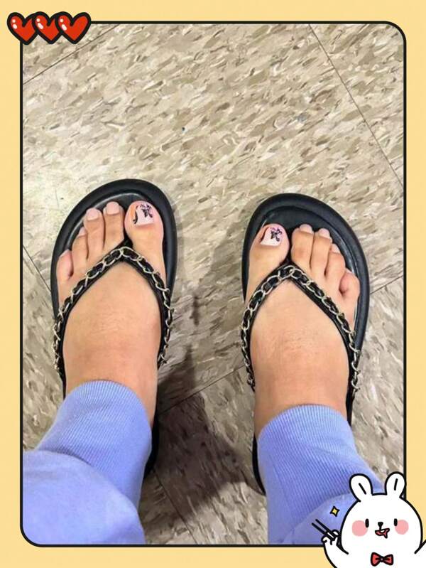 Women's Fashionable Square Toe Sandals, Summer Outdoor Slippers With Chain Decoration And Matchable With Skirts, Flat, Black Color