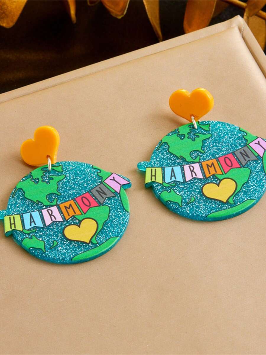 1對3d印刷亞克力地球和字母裝飾耳環 - 彩色 - 查看 1
